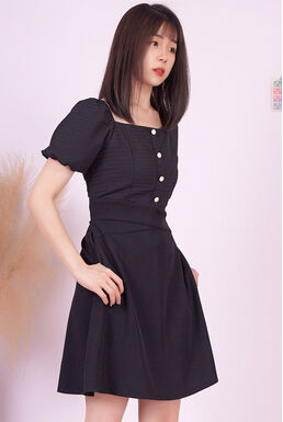 Square Neck Puff Sleeve Pearl Button Textured Top Swing Dress (Black)